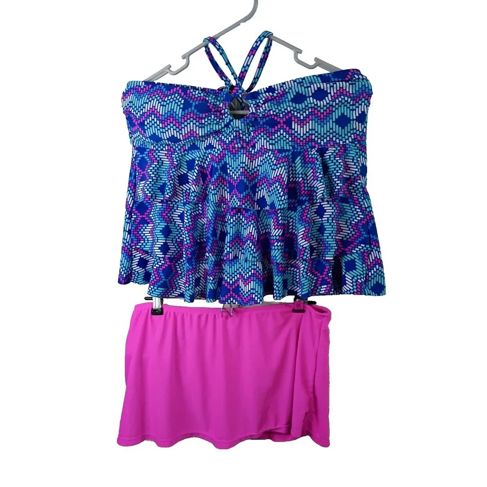 Collection By Carolina Tankini Geometric Set Halter 14/16 Skirt Swimwear Beach